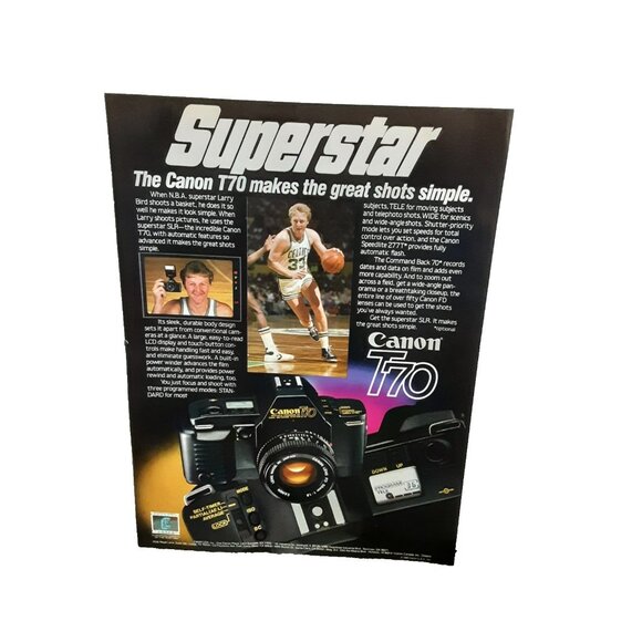 Vintage Canon T70 Camera Print Ad Larry Bird Basketball Celtics SLR 1985 - Picture 1 of 1